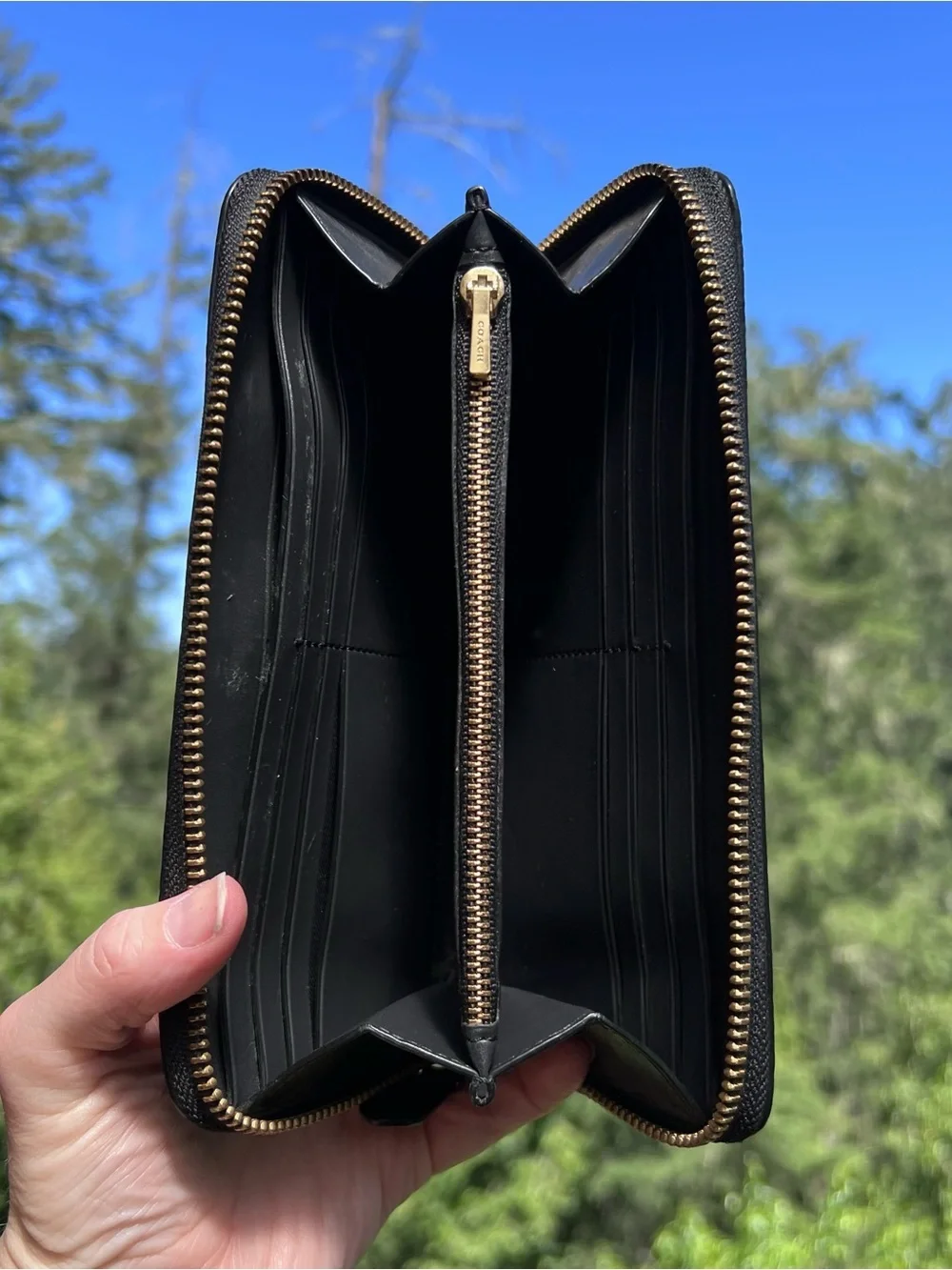 COACH Long Zip-Around Black Pebble Leather Wallet with Gold Hardware AUTHENTIC
